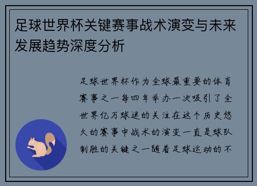 足球世界杯关键赛事战术演变与未来发展趋势深度分析