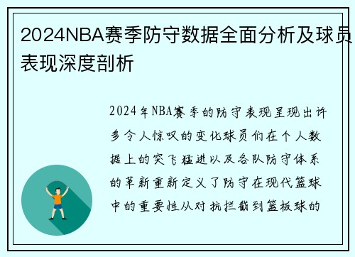 2024NBA赛季防守数据全面分析及球员表现深度剖析